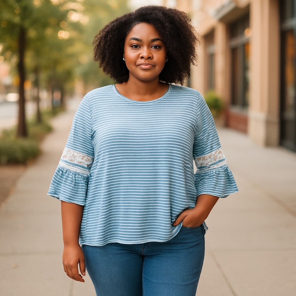 Reb & J 220 Light Blue Striped 3/4 Sleeve Blouse Super Soft! Size 22